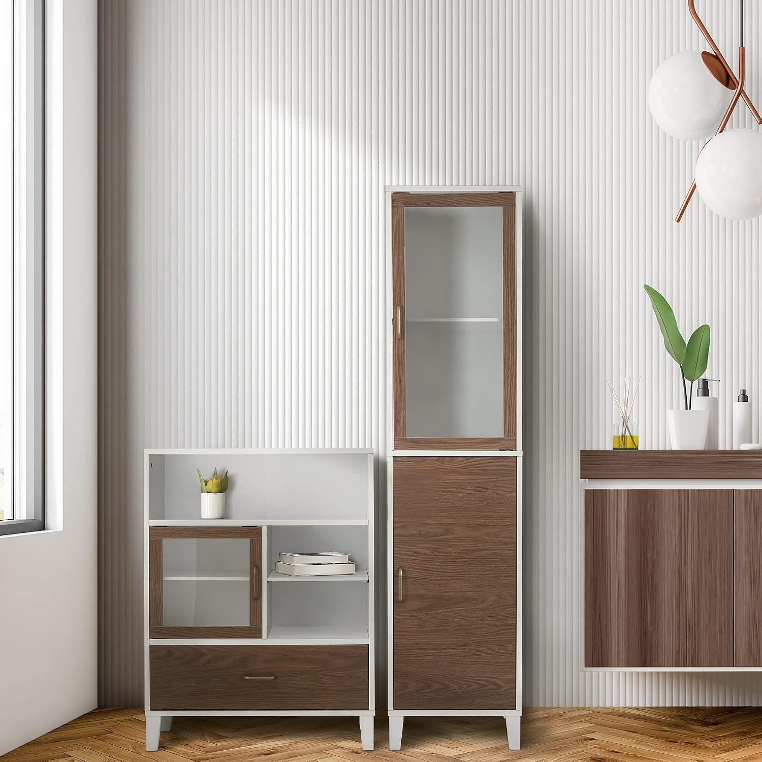 Teamson Home Tyler Modern Wooden Floor Storage Cabinet with Drawer for Bathrooms, Living Rooms, Hallways, Walnut/White