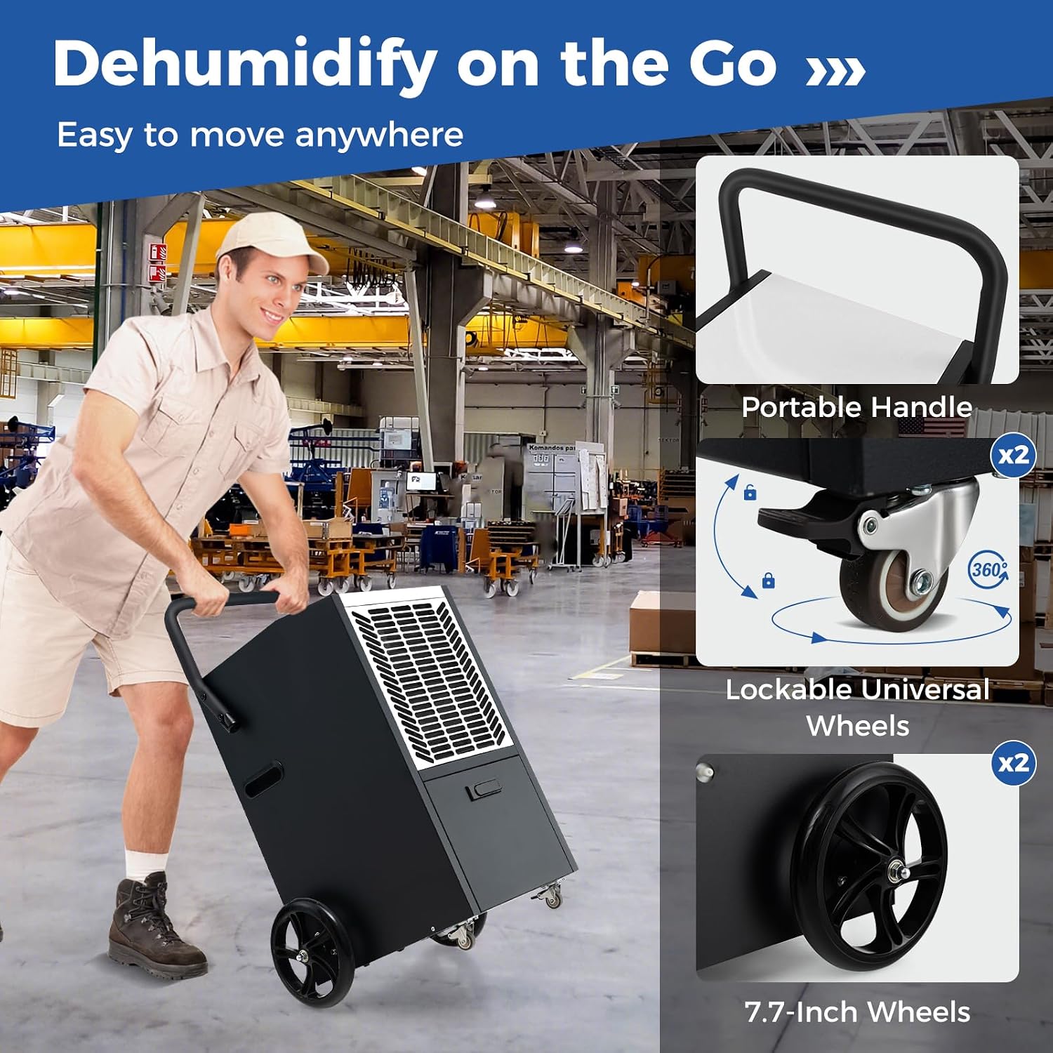 ARLIME 163 Pints Commercial Dehumidifier w/Pump & Drain Hose, Industrial Heavy Duty Portable Dehumidifier for Large Spaces, Basement, Warehouse, Water Damage Restoration, Up to 4500 Sq.Ft (White)