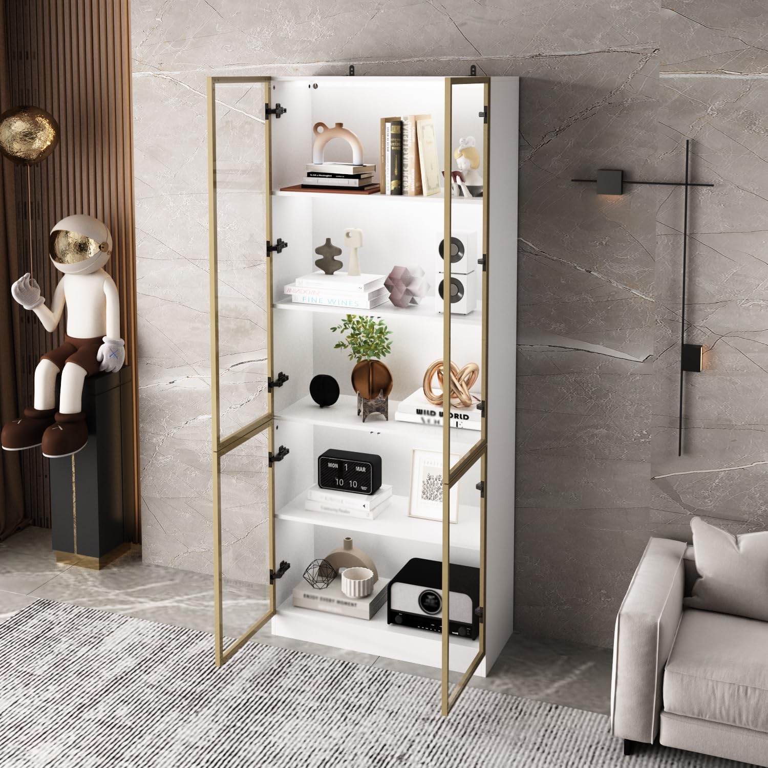 Curio Display Cabinet with Light, 5-Tier Storage Shelves with Pop-up Glass Doors & 3 Color LED Light, Collectibles Cabinet Display Shelf, Bookshelf Showcase for Living Room, White Glass Door