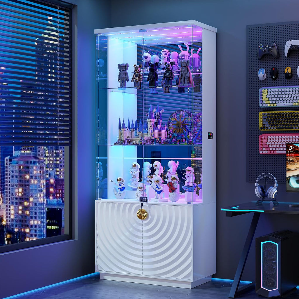 Lvifur 4-Tier Display Cabinet with Glass Doors,71''H Lockable Curio Cabinet with RGB Lights for Collectibles,White Glass Display Cabinet with Human Body Sensor,Glass Shelves,Living Room