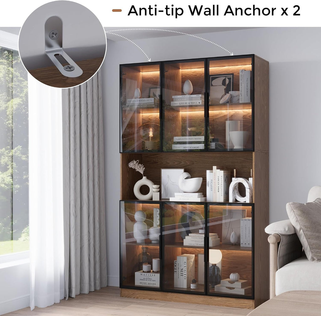 Mekminop Glass Doors Display Cabinet with Lights and Shelves, Storage Cabinets Morden Bookcase Trophy Case Display Cabinet with Hutch for Collectibles - Walnut (47.2 'W x 16.5 'D x 78.7 'H)