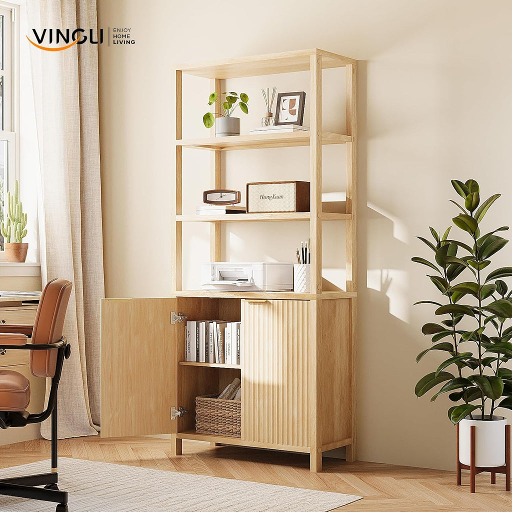 VINGLI Bookcase with Fluted Doors, 71' Wood Storage Cabinet with Adjustable Shelves, 6-Tier Display Cabinet Bookshelf for Study, Living Room, Home Office, Kitchen Pantry, Oak