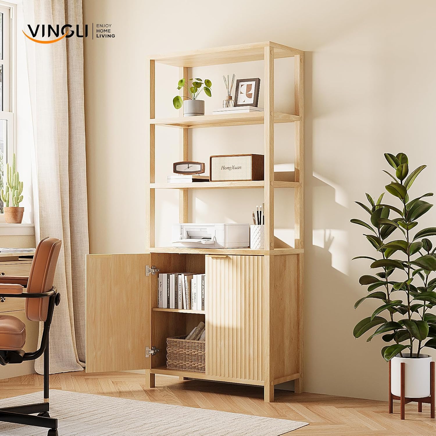 VINGLI Bookcase with Fluted Doors, 71' Wood Storage Cabinet with Adjustable Shelves, 6-Tier Display Cabinet Bookshelf for Study, Living Room, Home Office, Kitchen Pantry, Oak