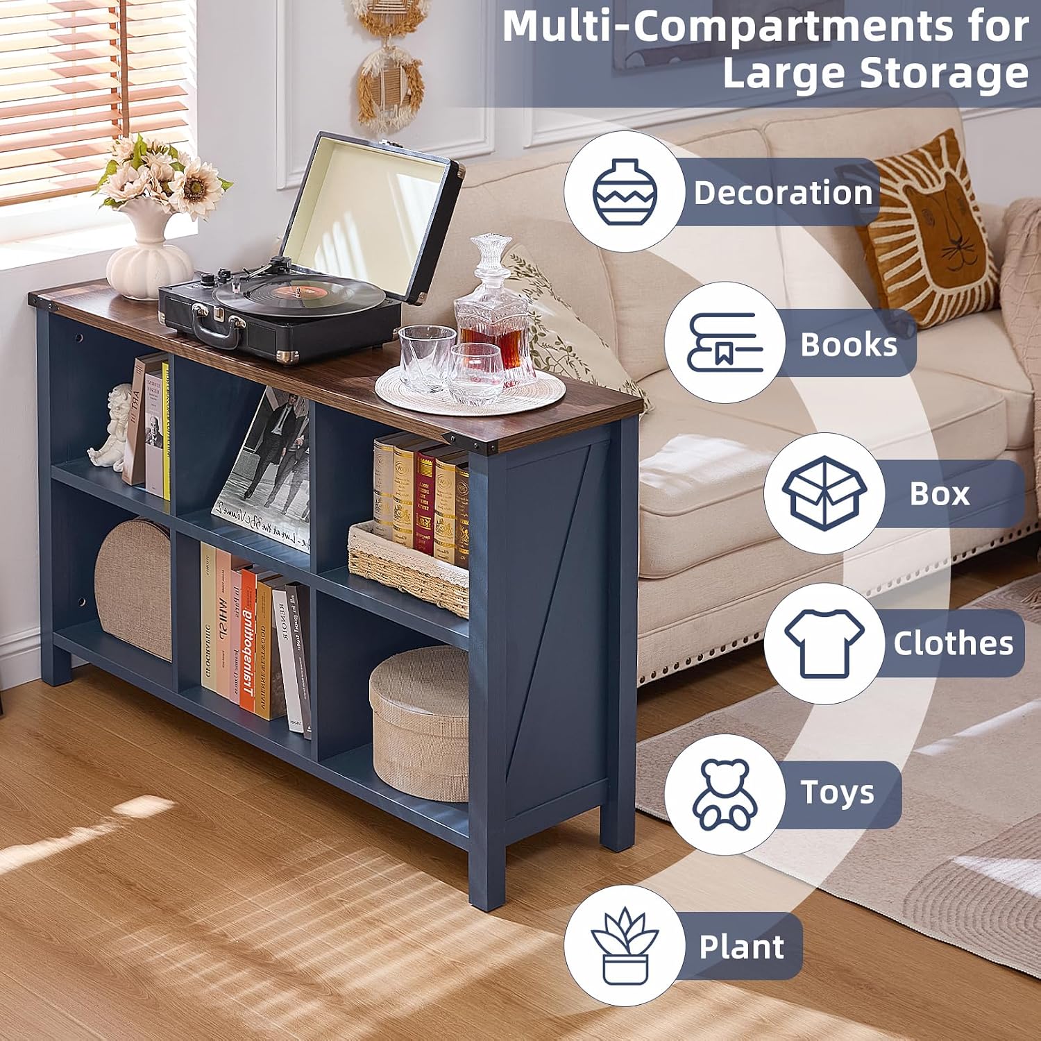 Joaxswe 6 Cube Bookcase, Farmhouse Wood Low Storage Organizer Book Shelf, 47' Horizontal Navy Blue Console Bookshelf with Legs, Hallway Book Case for Entryway, Display Cabinet for Living Room, Office