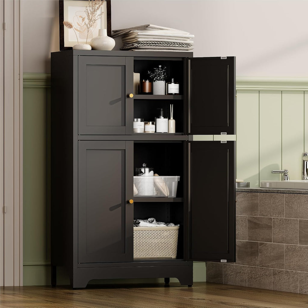 YAUWOH Bathroom Floor Cabinet, Metal Storage Cabinet with 2 Adjustable Shelves & 4 Doors,Freestanding Sideboard for Dining Room,Living Room, Home Office(1PC,Black)