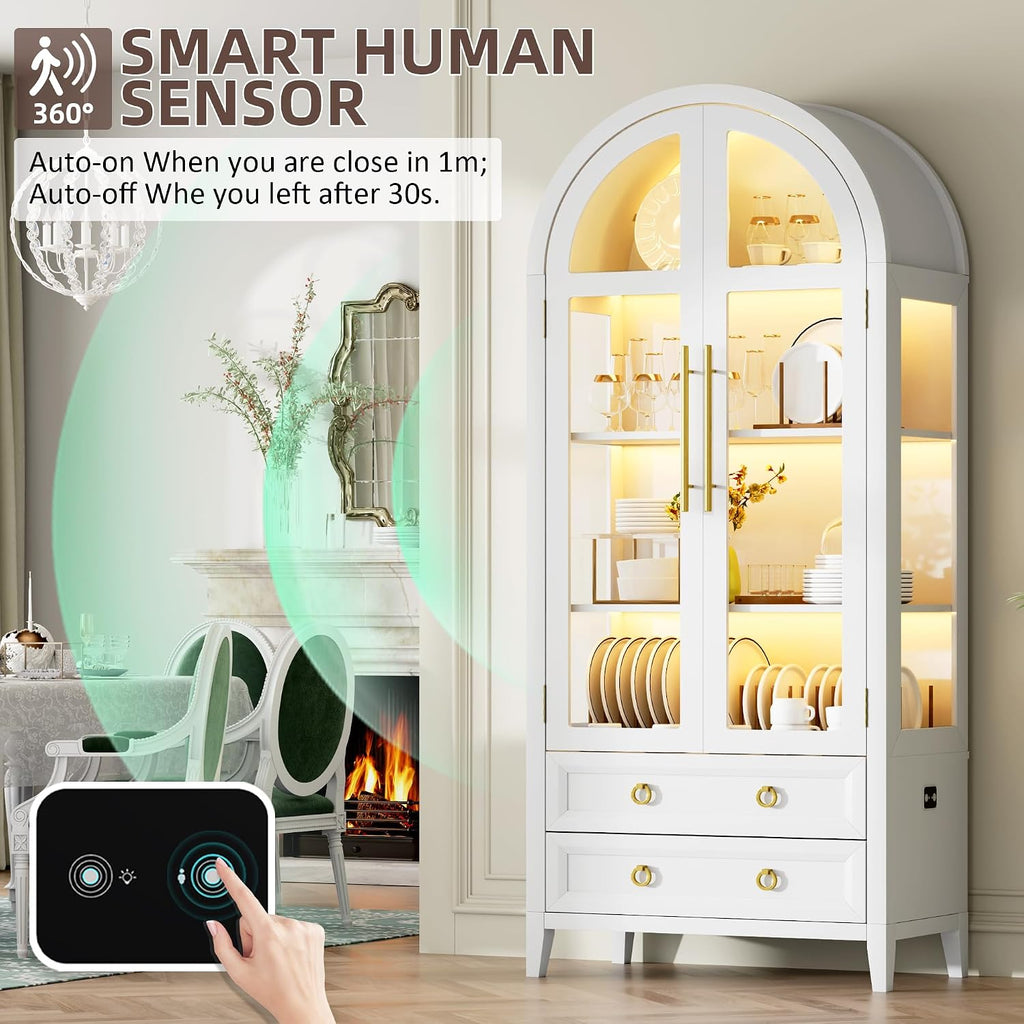 Vlsrka 71 Inch Arched Curio Cabinet, 4-Tier Display Cabinet and 2 Drawers, Tall Bookcase with 3 Color Lights, Display Case with Glass Doors, Kitchen Pantry, White