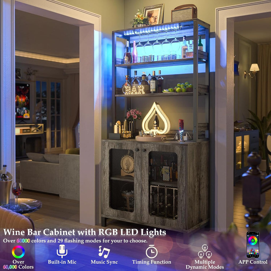 Aheaplus Bar Cabinet with Power Outlets, 67' Tall Wine Bar Cabinet Liquor Cabinet with LED Lights and Glass Holder, Coffee Bar Station for Living Room, Microwave Stand Bakers Rack Cabinet, Black Oak