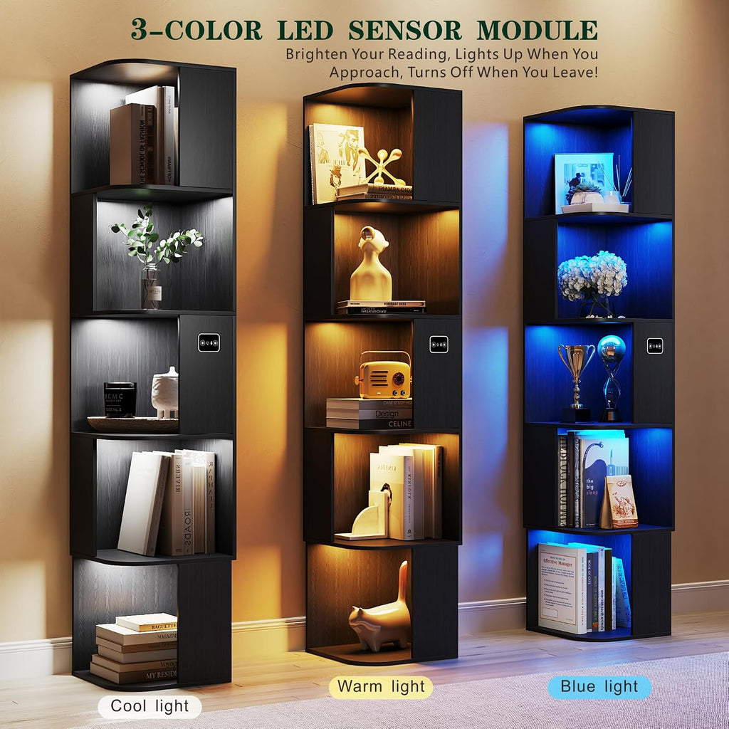 5 Shelf Bookcase - Corner Bookshelf with 3 Colors LED Sensor Lights Modern Cube Storage Organizer for Lego Books Living Room Study Bedroom - Ideal Gift (Black)
