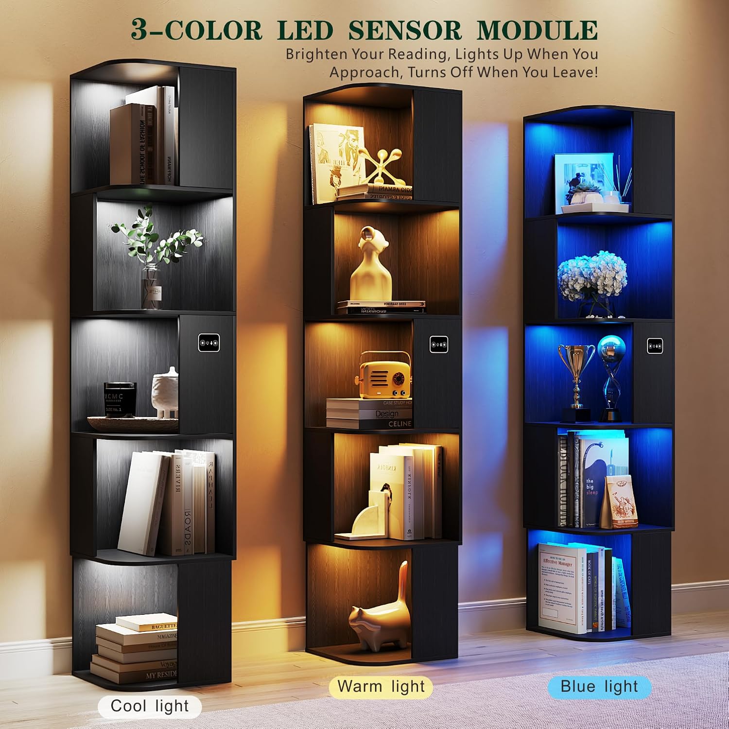 5 Shelf Bookcase - Corner Bookshelf with 3 Colors LED Sensor Lights Modern Cube Storage Organizer for Lego Books Living Room Study Bedroom - Ideal Gift (Black)