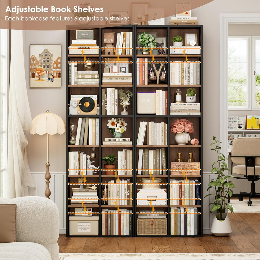 FOTOSOK 71'' Tall Bookshelf with 14 Cubes, 7 Tier Double Wide Wood Bookshelf with 6 Adjustable Shelves, 19.6' Narrow Bookcase DVD/CD Media Storage, Space Saving Display Shelf Cabinet, Black/Brown