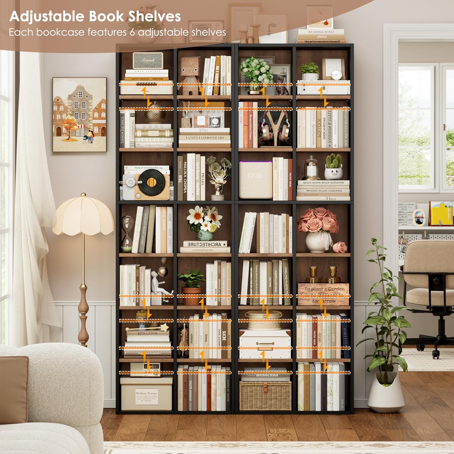 FOTOSOK 71'' Tall Bookshelf with 14 Cubes, 7 Tier Double Wide Wood Bookshelf with 6 Adjustable Shelves, 19.6' Narrow Bookcase DVD/CD Media Storage, Space Saving Display Shelf Cabinet, Black/Brown