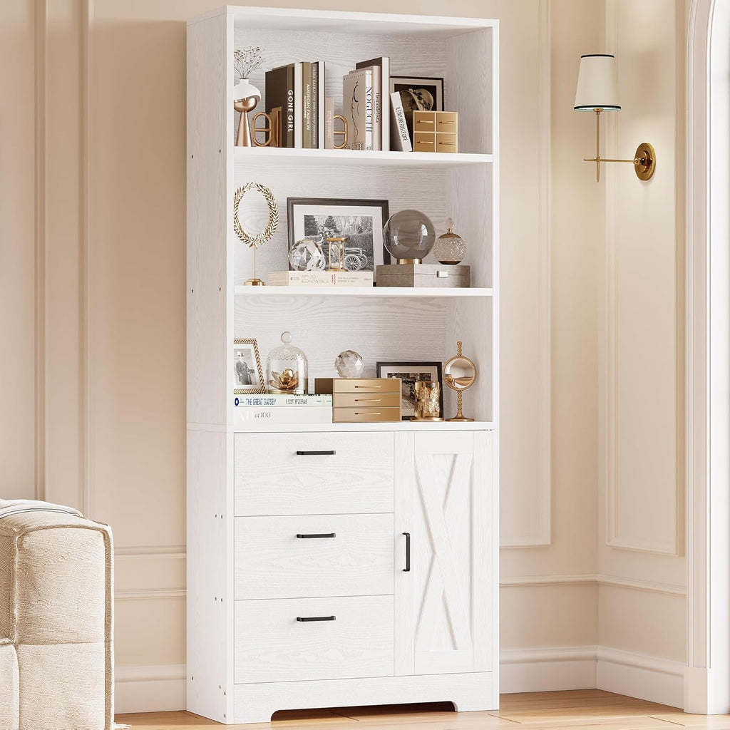 IRONCK Bookshelf with Drawers, 71 in Tall Bookcase with Doors and 3-Tier Shelves, for Bedroom Living Room Entrance Hallway Home Office