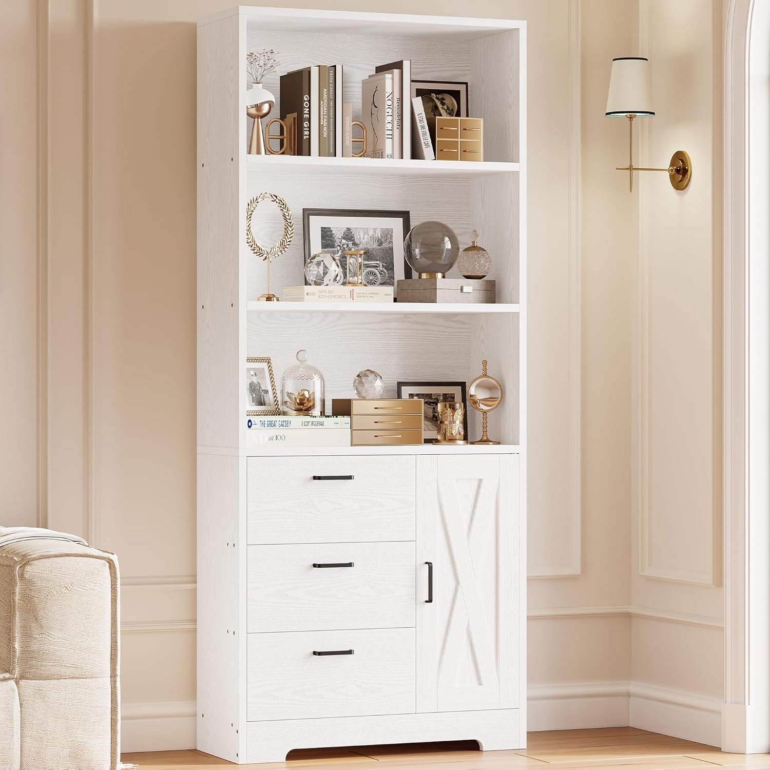 IRONCK Bookshelf with Drawers, 71 in Tall Bookcase with Doors and 3-Tier Shelves, for Bedroom Living Room Entrance Hallway Home Office