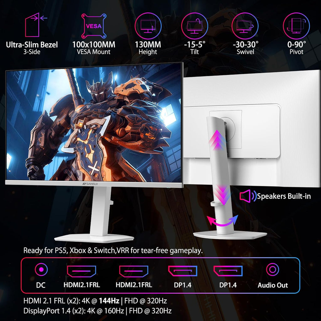 SANSUI 27' 4K Gaming Monitor, UHD 160Hz or FHD 320Hz Dual Mode PC Monitor- Fast IPS 1ms(OD) 丨2×HDMI2.1丨2×DP 1.4丨Built-in Speakers丨Eye Care丨AI Crosshair丨PIP/PBP丨HDR400丨Rotating/Height Adjustable