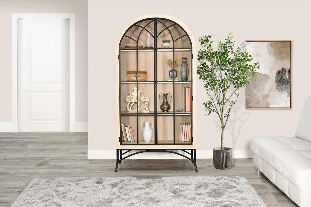 Sunny Designs Ella Arched Metal & Wood Display Cabinet with Glass Doors – Powder-Coated Steel Frame, Magnetic Latches, Adjustable Shelves, Windowpane Design, Living Room Storage (Bergen Oak)