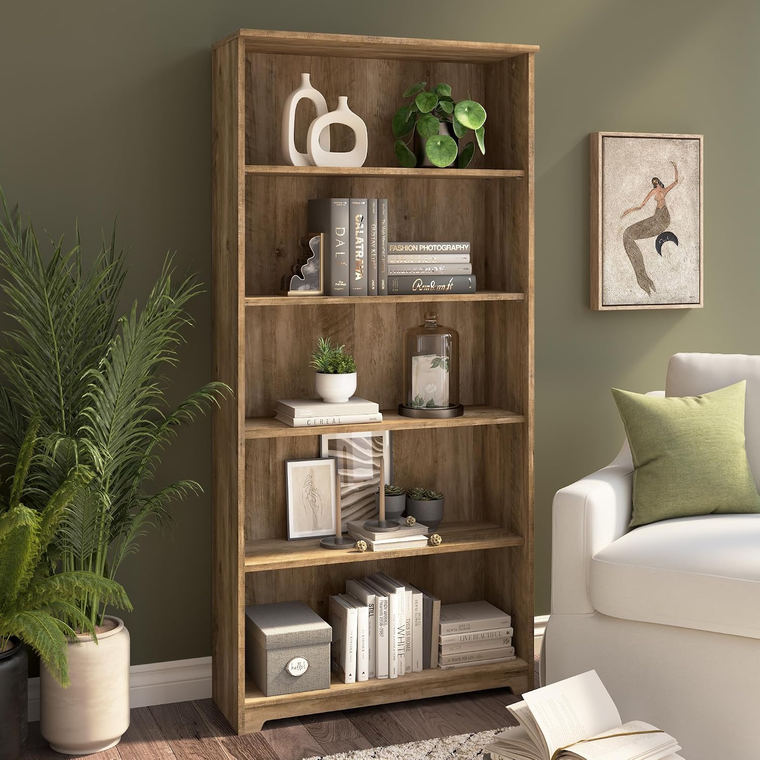 Bush Home Tall 5 Shelf Bookcase, Large Open Bookshelf, Sturdy Display Cabinet for Living Room or Home Office, Cabot Collection, Reclaimed Pine