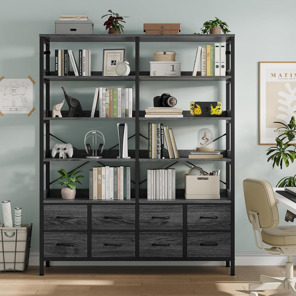 HAUOMS Bookshelf with 8 Fabric Drawers, 7-Tier Bookcase with Baffles Display Shelves, Industrial Large Book Shelf for Living Room Home Office, Grey