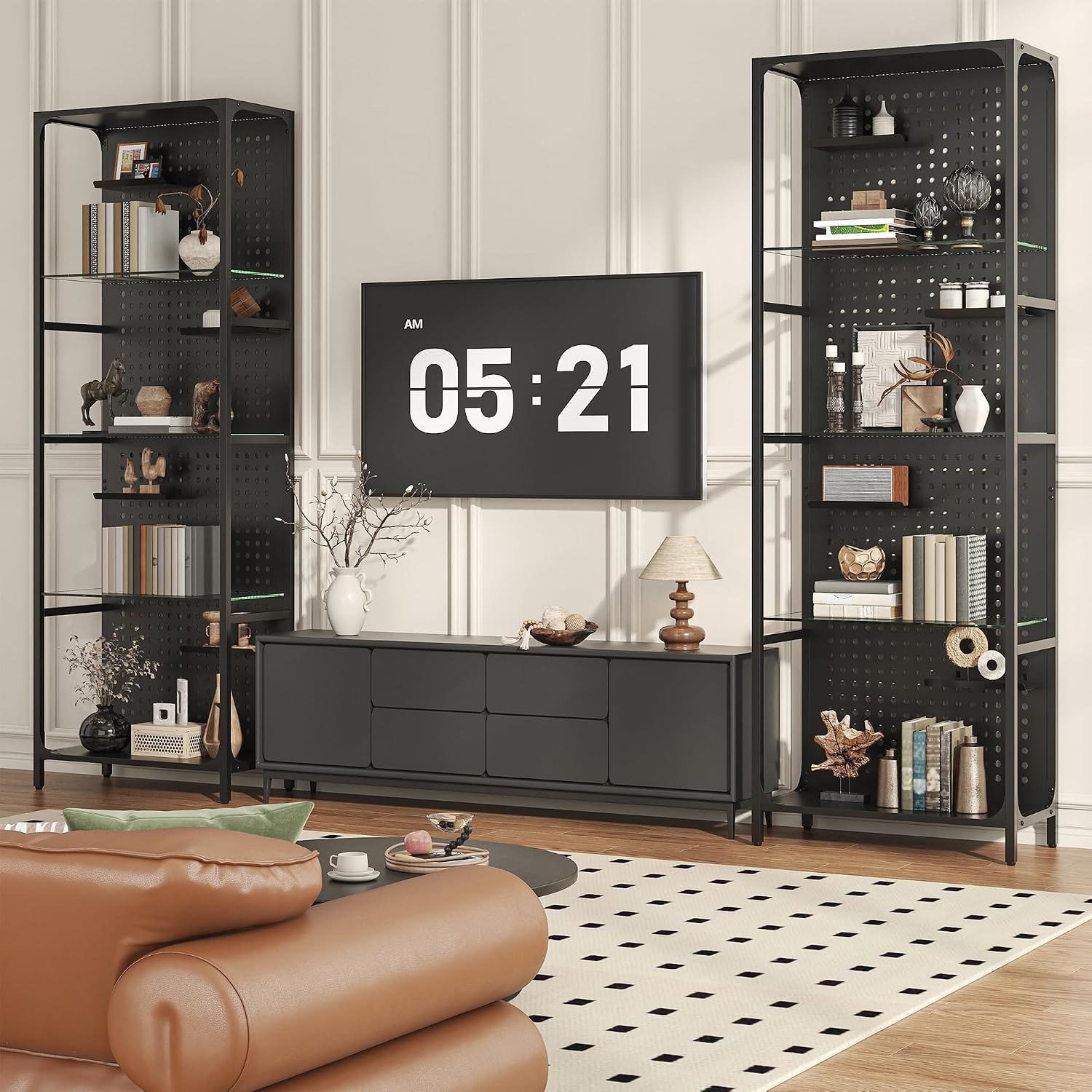 Saudism Glass Display Shelf for Collectibles, LED Black Shelf, Curio Cabinet, Lighted Tall Narrow Shelf with Pegboard Steel Frame for Gaming Room, Floor Lamp with Shelves, Living Room, Bedroom, Large