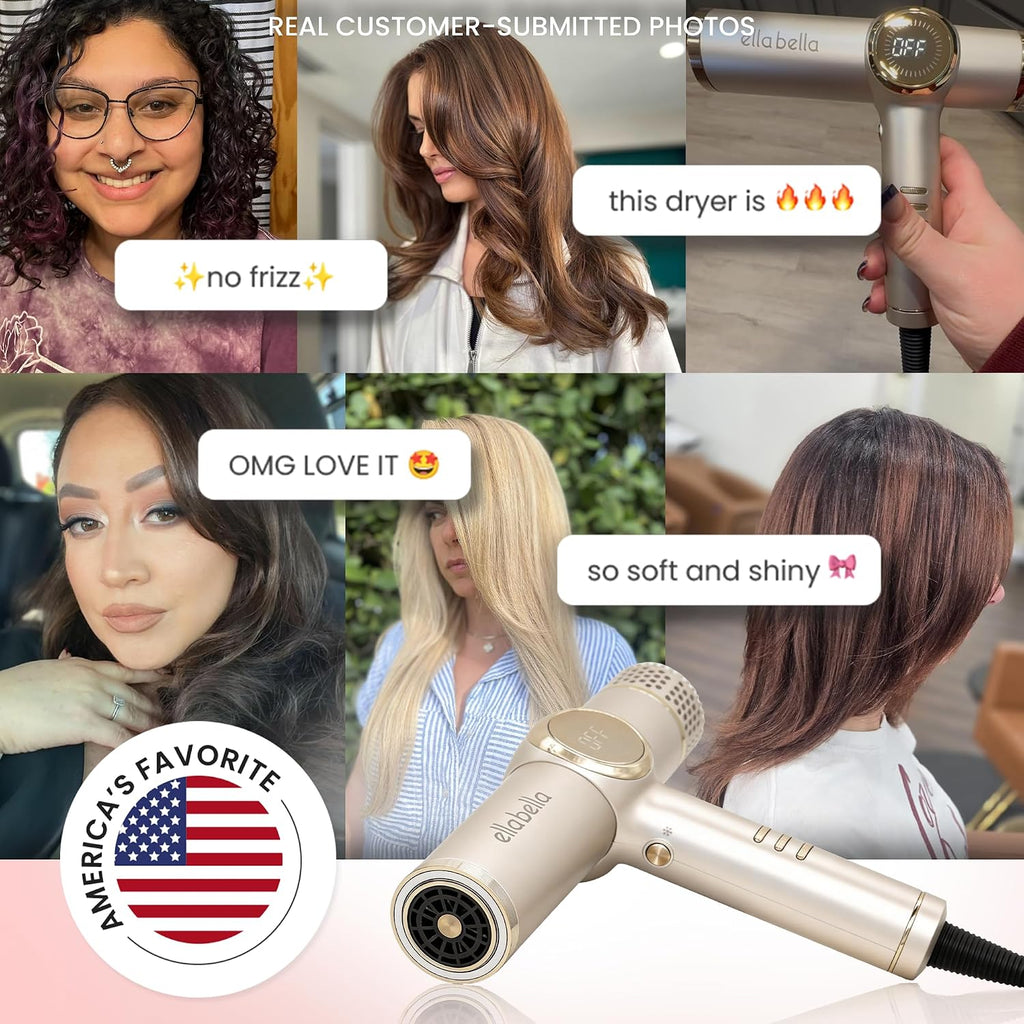 ELLA BELLA® Professional Ionic Hair Dryer with Diffuser • Negative Ion Blow Dryer • Suitable All Hair Types • Intelligent Heat Control & Rapid Drying Speeds • Lightweight Design • Low Noise Technology