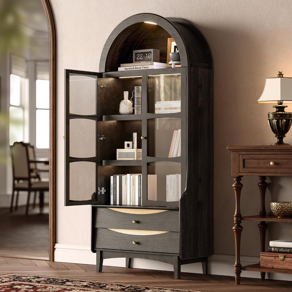 STO'SENSE 74' Tall Arched Bookshelf with LED Lights,4-Tier Modern Farmhouse Arched Bookcase with Glass Doors and Shelves,Wooden Display Cabinet with 2 Drawers for Living Room, Dining Room (Black)
