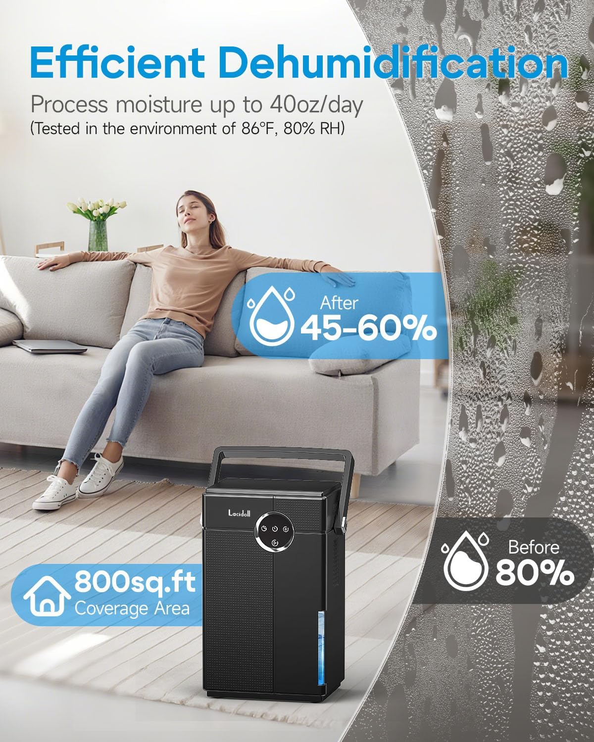 Lacidoll Small Dehumidifier with Drain Hose, Portable Dehumidifier for Bathroom, 118oz Dehumidifiers for Home 800 sq ft with 7 Colorful Light, Quiet Dehumidifiers for Bedroom RV Closet Basement, Black