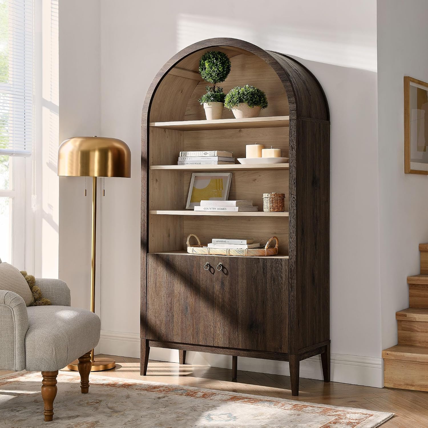 Modway Nolan Tall Arched Storage Display Cabinet in Dark Walnut - 74 Inch Arch Bookshelf with Open and Closed Shelving - Modern Accent Cabinet for Living Room, Dining Room