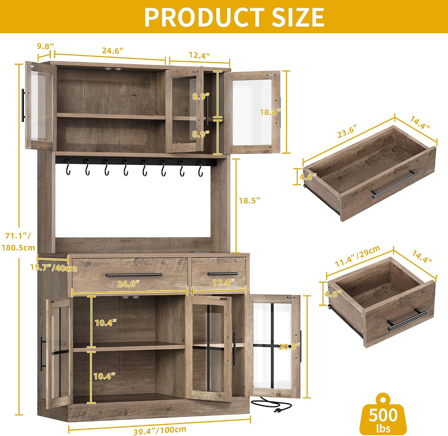 DWVO 71'' Tall Kitchen Pantry Storage Cabinet with Charge Station, Farmhouse Glass Display Food Pantry Hutch with Microwave Stand & Hooks & Drawers & Shelves for Home Living Dining Room, Lvory Grey