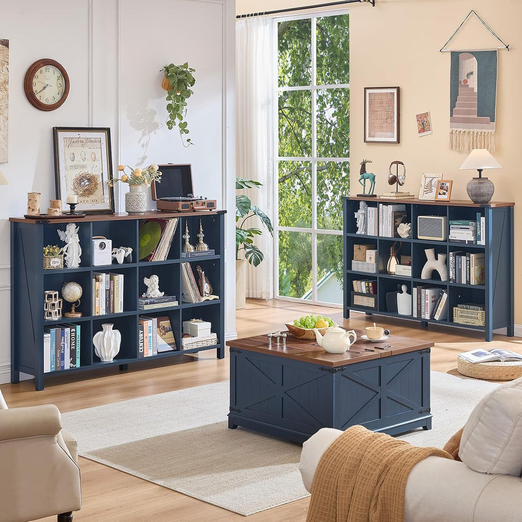 Joaxswe 12 Cube Storage Organizer, Farmhouse 62 Inch Wide Navy Blue Display Bookshelf, Wooden 3 Tier Large Open Book Shelf, Vintage Bookcase for Home Office, Cubby Cabinet for Living Room, Bedroom