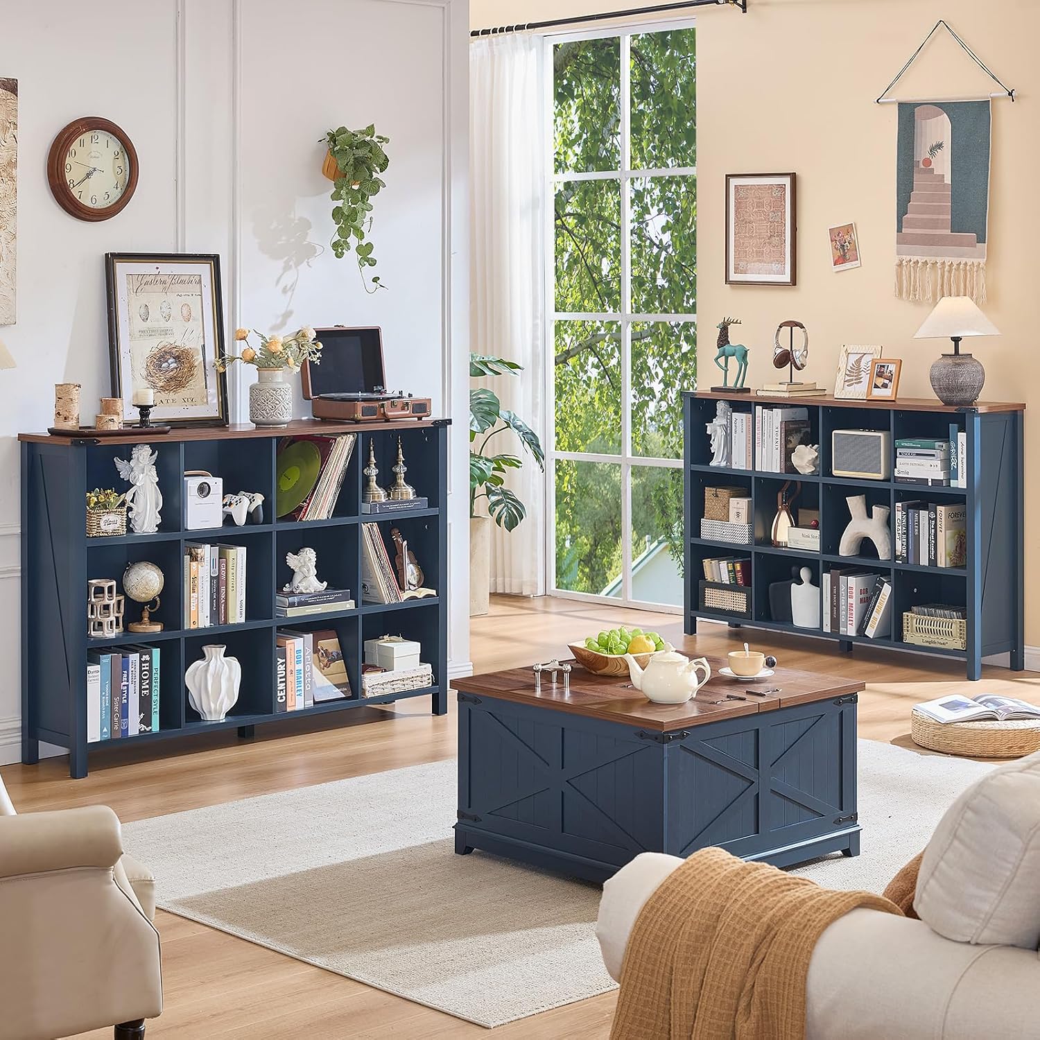 Joaxswe 12 Cube Storage Organizer, Farmhouse 62 Inch Wide Navy Blue Display Bookshelf, Wooden 3 Tier Large Open Book Shelf, Vintage Bookcase for Home Office, Cubby Cabinet for Living Room, Bedroom