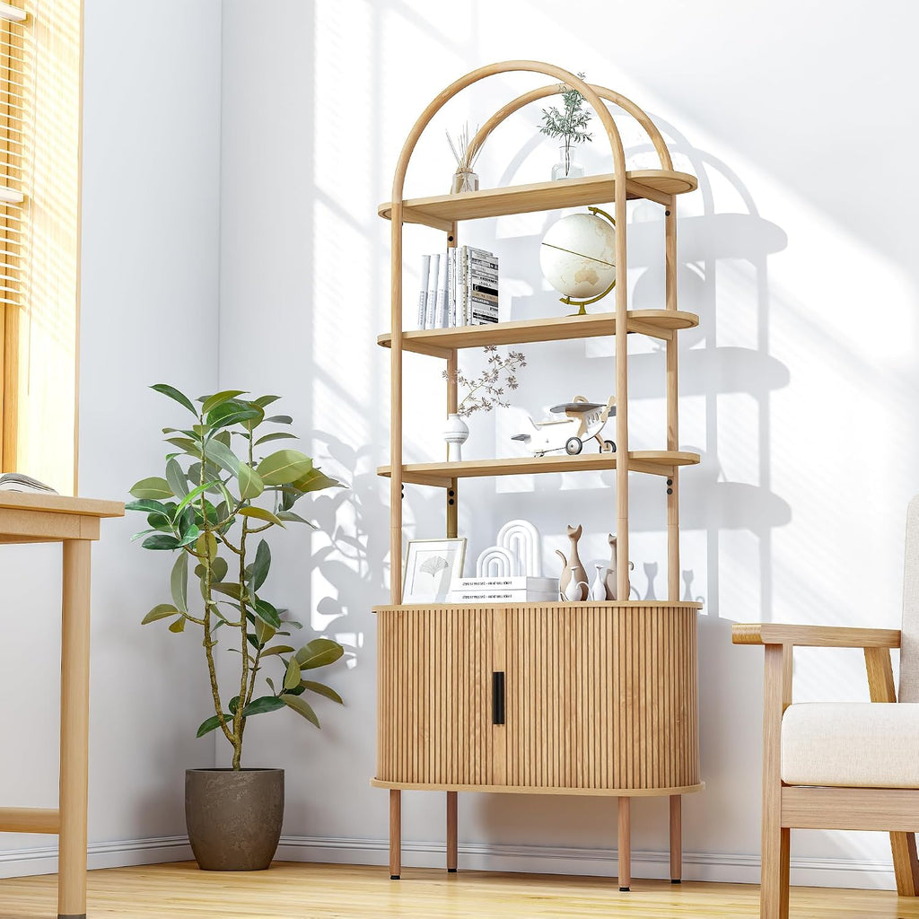 Turtle&Myrtle Tall Arched Bookshelf, Mid Century Modern Fluted Bookcase Cabinet with Sliding Doors, Curved Metal Frame Bookcase, Industrial Storage Display Shelving for Living Room, Bedroom (Natural)