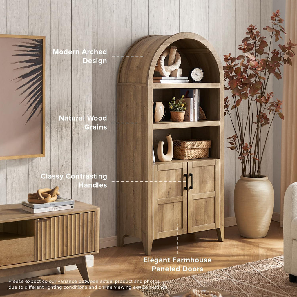 mopio Lauren 65.4' Short Arched Cabinet, 5-Tier Arched Bookcase with Doors and Shelves, Mini Arch Bookshelf with Storage, Wooden Storage Cabinet for Living Room and Kitchen Pantry (Set of 2, Oak)