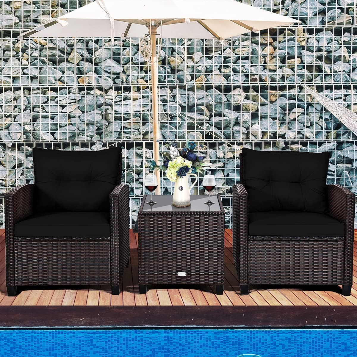 Tangkula 3 Pieces Patio Furniture Set, PE Rattan Wicker 3 Pcs Outdoor Sofa Set w/Washable Cushion and Tempered Glass Tabletop, Conversation Furniture for Garden Poolside Balcony (Black)