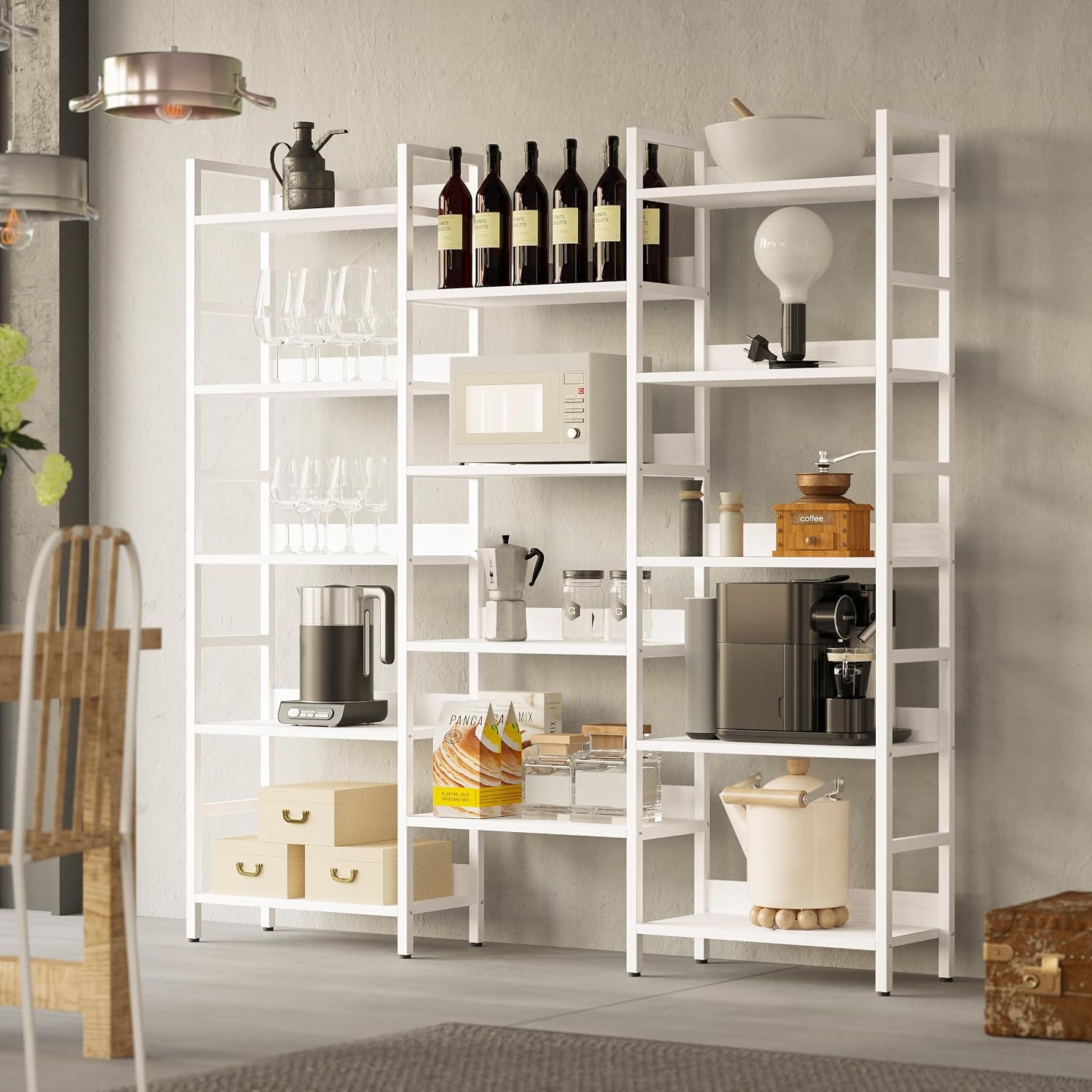 IRONCK Bookcases and Bookshelves Triple Wide 5 Tiers Industrial Bookshelf with Baffles Large Etagere Bookshelf with Metal Frame for Living Room Home Office