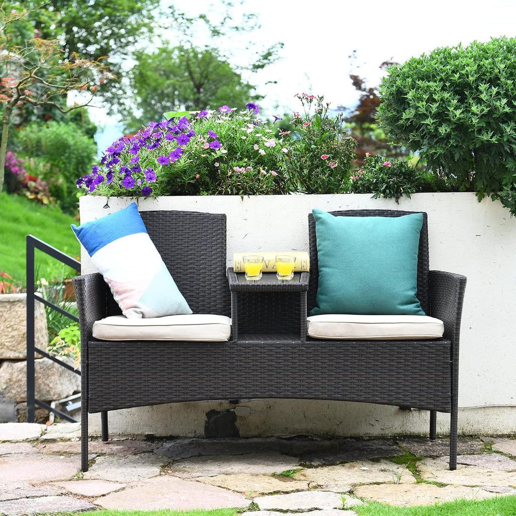 Tangkula Outdoor Rattan Loveseat with Built-in Coffee Table, 2-Person Patio Conversation Set with Cushions & Table, Modern Patented Wicker Sofa Set, Wicker Sofa for Garden Lawn Backyard, Beige