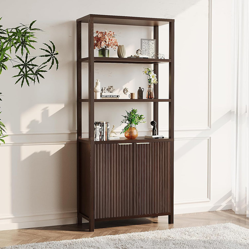 VINGLI Bookcase with Fluted Doors, 71' Wood Storage Cabinet with Adjustable Shelves, 6-Tier Display Cabinet Bookshelf for Study, Living Room, Home Office, Kitchen Pantry, Walnut
