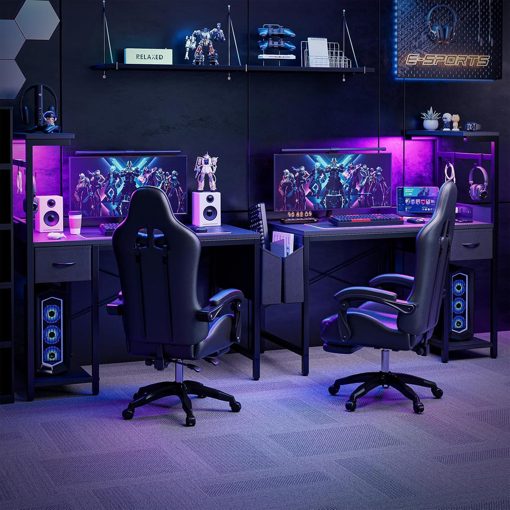 Grandder Gaming Desk 55 Inch with Power Outlet and LED Light, Computer Desk with Reversible Shelves and Storage Drawer, Pc Small Table for Home Office Table with Bag, Carbon Fiber Black