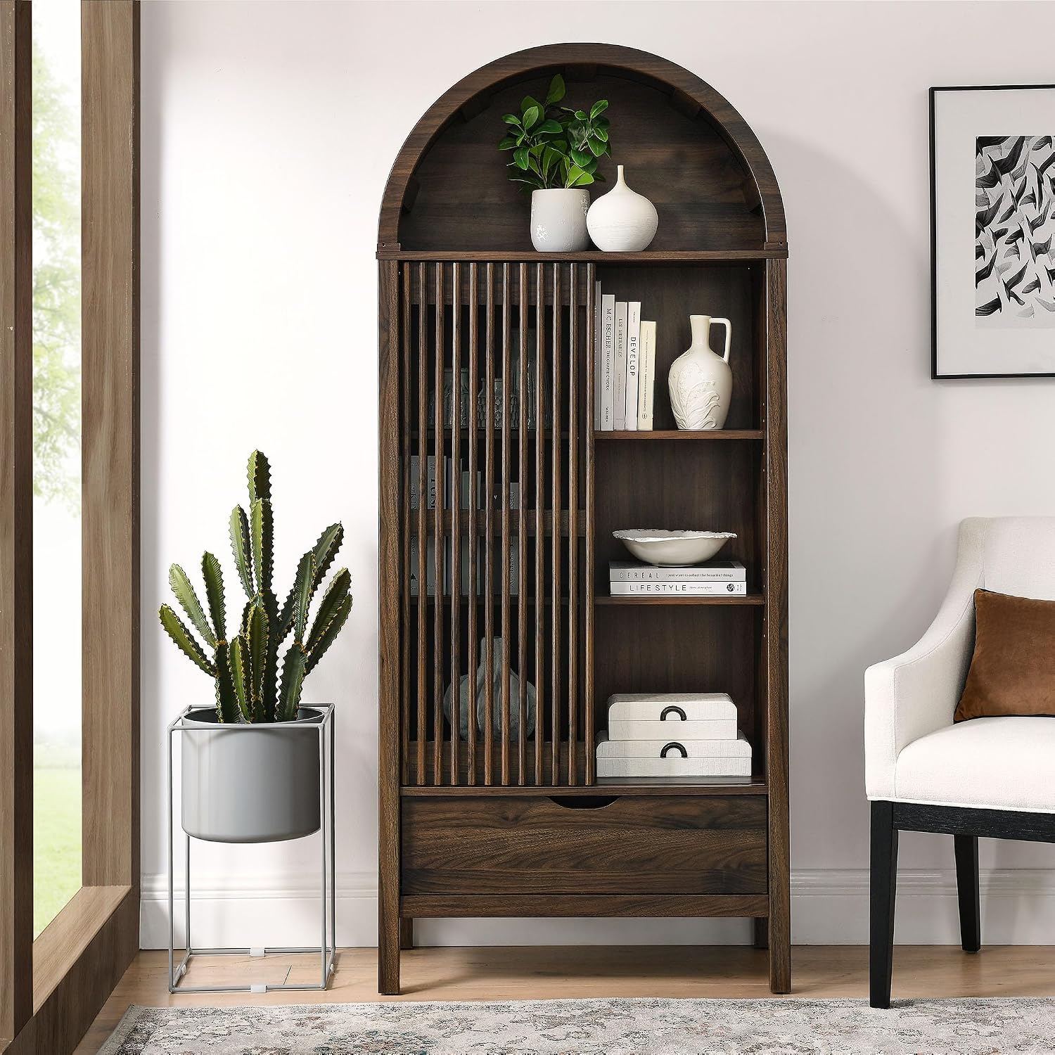 Modway Vaughn 71 Inch Arched Display Cabinet in Walnut - Modern Arch Bookcase with Drawer and Adjustable Shelves - Tall Storage Cabinet for Living Room, Dining Room, Hallway