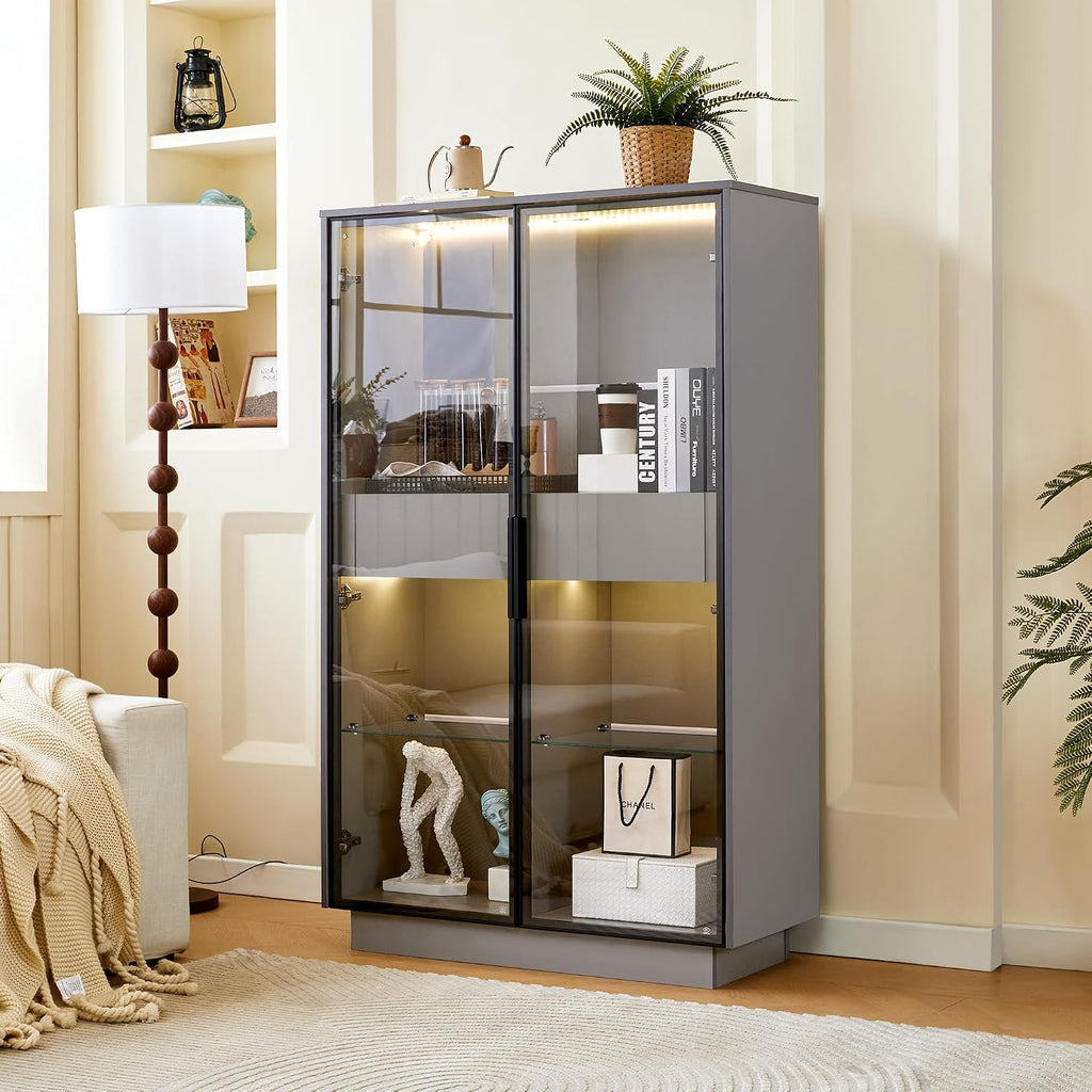 Merax Modern 4 Tier Bookshelf Bookcase with Glass Doors & 2 Drawers, 60.6' Tall Wood Display Cabinet with Adjustable Shelves for Living Room, Bedroom, Office Grey