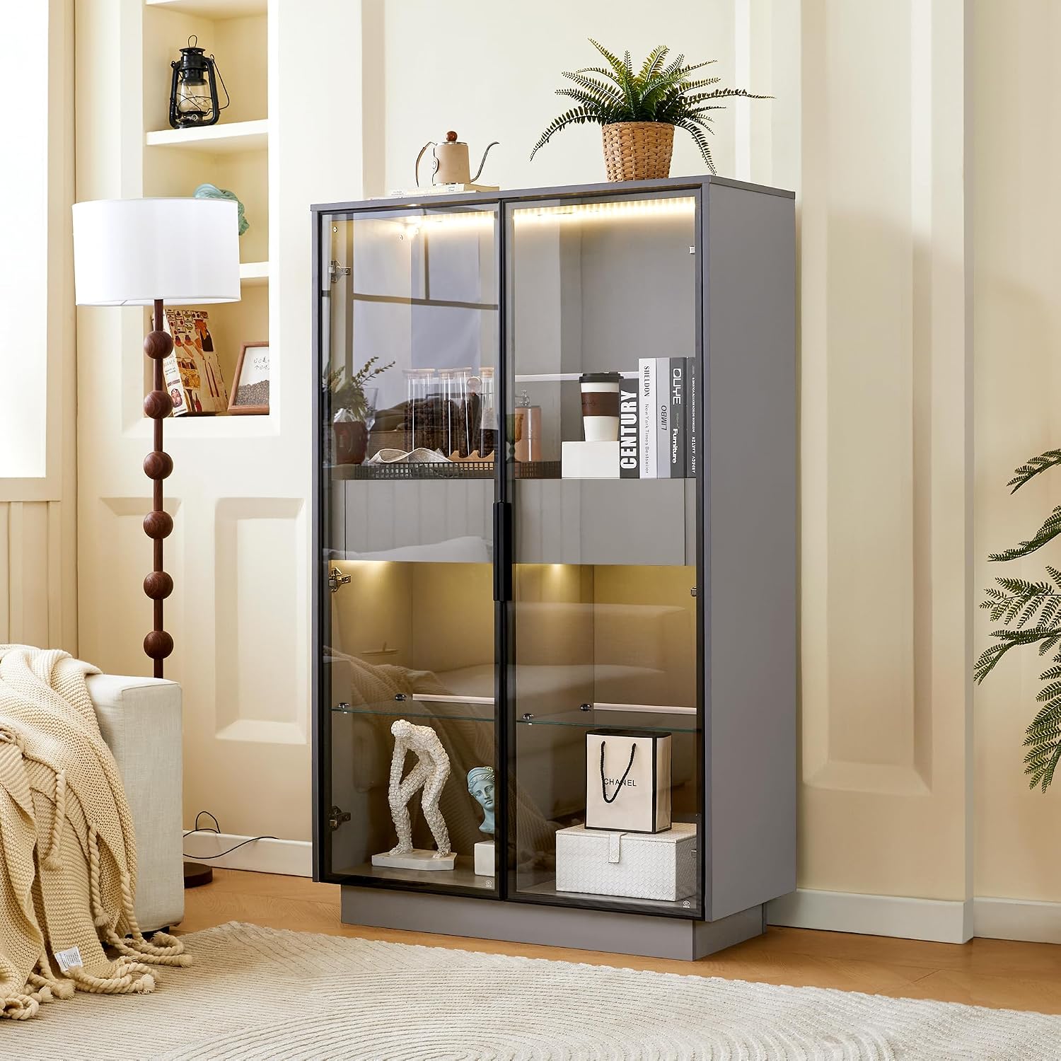 Merax Modern 4 Tier Bookshelf Bookcase with Glass Doors & 2 Drawers, 60.6' Tall Wood Display Cabinet with Adjustable Shelves for Living Room, Bedroom, Office Grey