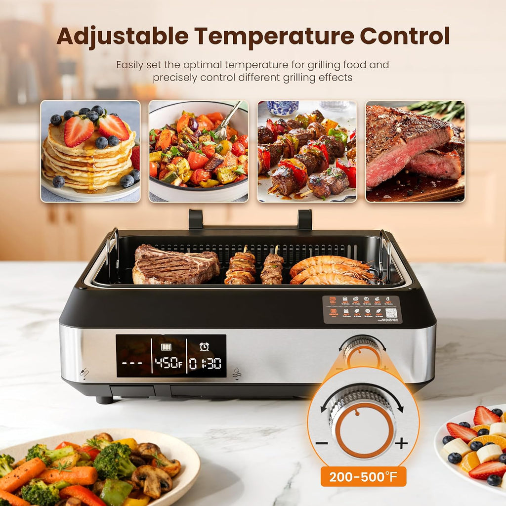 Kismile 2-in-1 Griddle and Indoor Grill,Electric Smokeless Grill with Temperature Probe,Temperature Control & display screen,for Indoor Steaks,Family Cooking(Black)