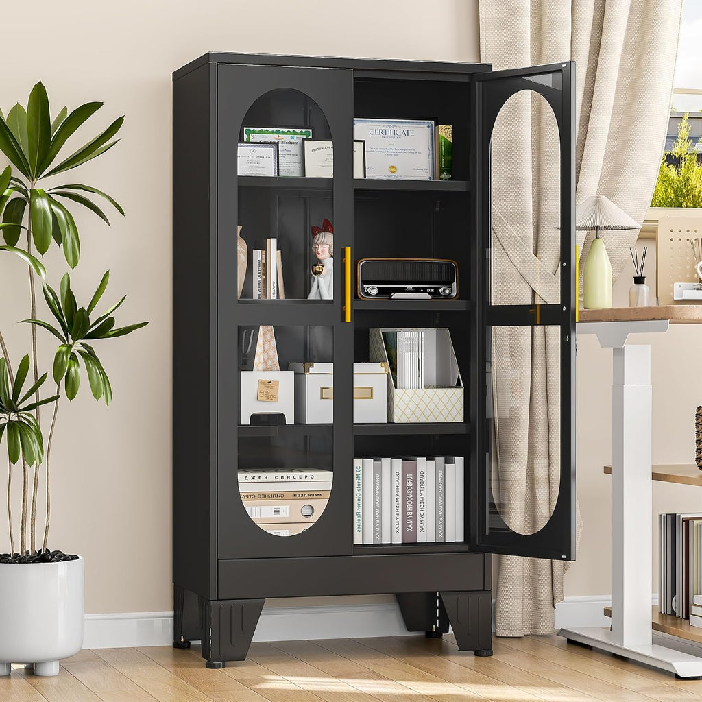 47.24' Glass Display Cabinet with Lock, Metal Locking Liquor Storage Cabinets and 3 Adjustable Shelves, 4 Tier Tall Curio Cabinet Display Case for Collectibles, Living Room, School, Commercial (Black)