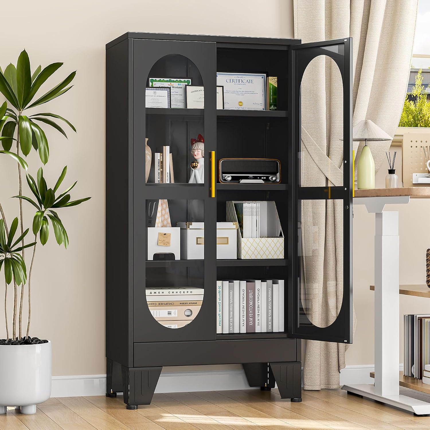 47.24' Glass Display Cabinet with Lock, Metal Locking Liquor Storage Cabinets and 3 Adjustable Shelves, 4 Tier Tall Curio Cabinet Display Case for Collectibles, Living Room, School, Commercial (Black)