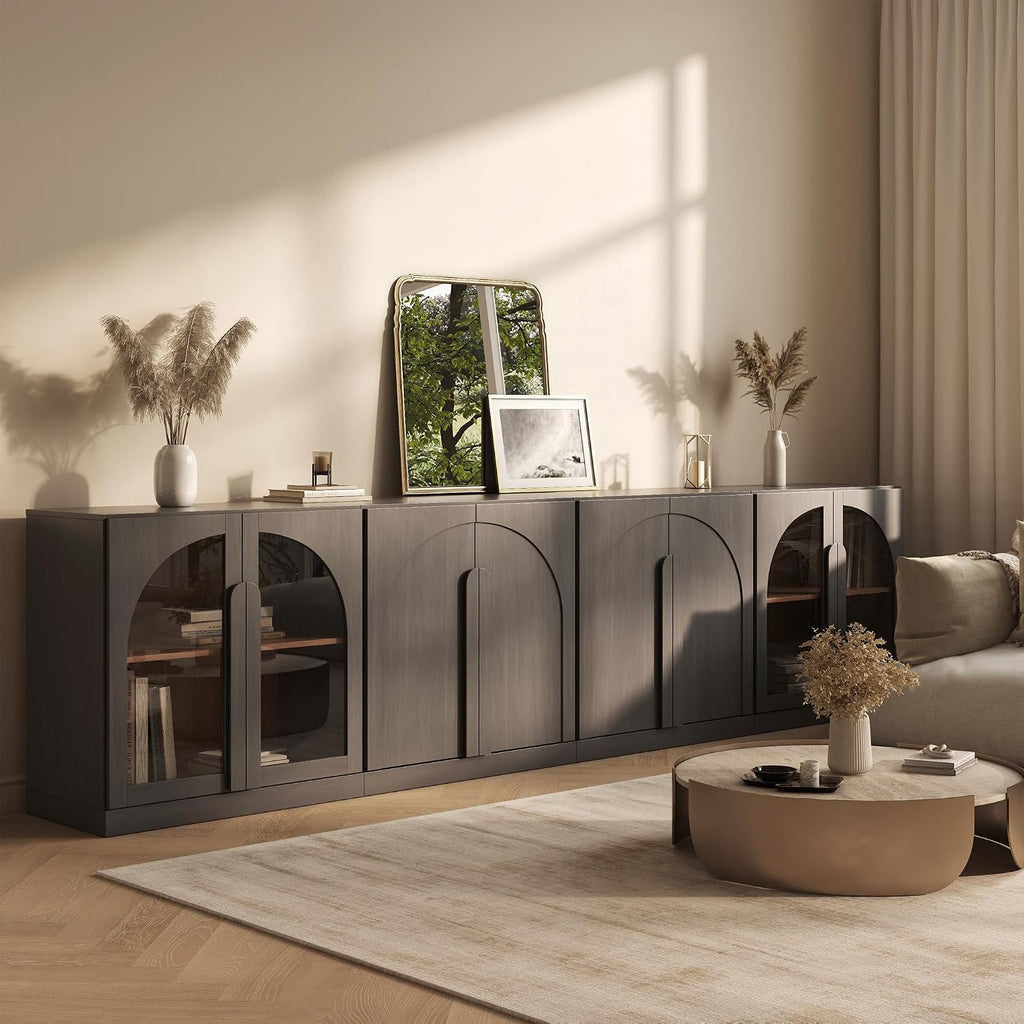 BELLEZE 4-Piece Modular Sideboard Buffet Cabinet, Set of 2 Arched Wood Door Cabinet and Glass Door Storage with Adjustable Shelf, Large Console Credenza for Living Room Kitchen, Ebony
