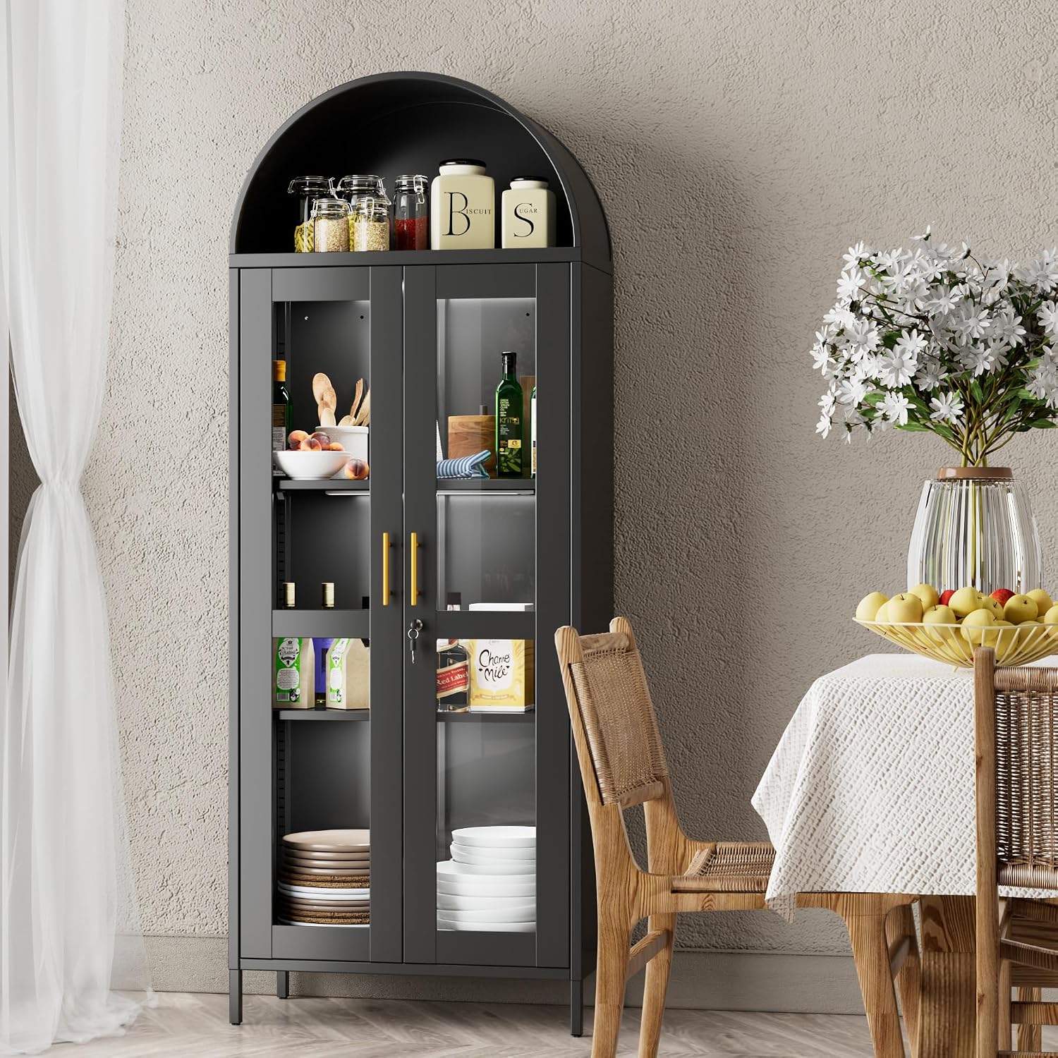 Metal Arched Display Cabinet with 3 Lights,Lockable Arch Cabinet with Glass Doors and 2 Adjustable Shelf for Home Office,Assembly Required,Black, 72.83' H×27.6' W×13.8' D