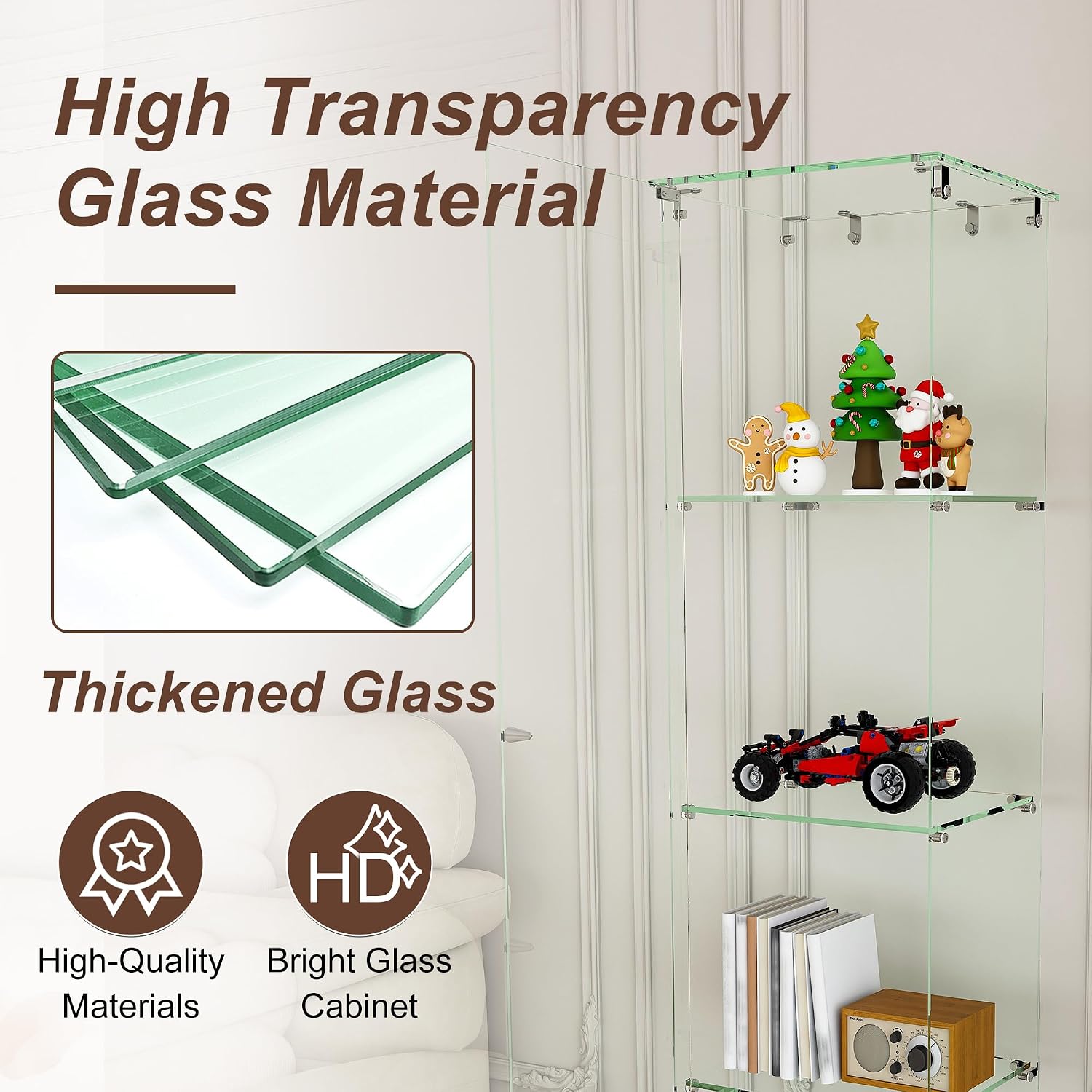 Runboll Glass Display Cabinet 4 Tiers with LED Light, Curio Cabinet with Wheels, Floor Standing Tempered Glass Showcase Display Shelf for Collectibles, Legos, Figures, Plants