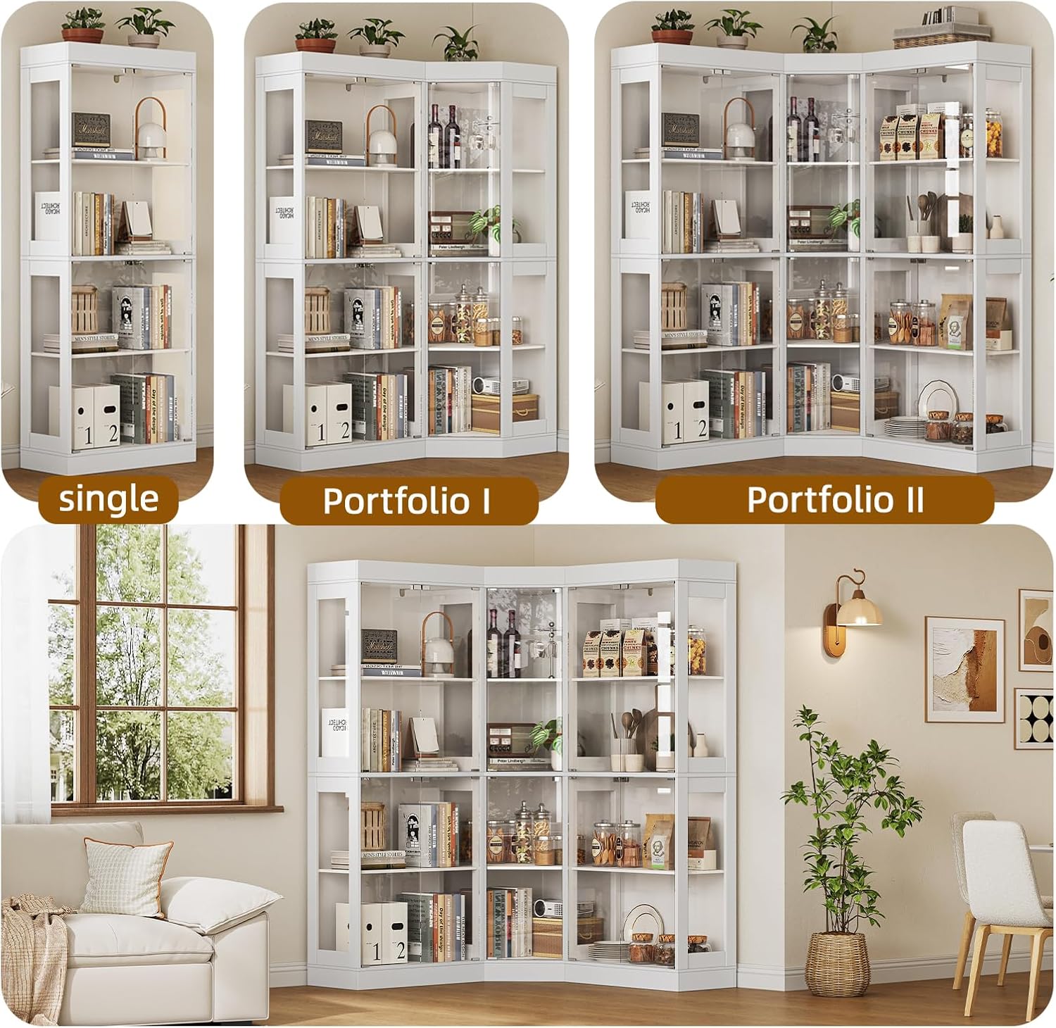70.1' Large Corner Cabinet with Glass Doors,4 Tiers L-Shaped Storage Cabinet with 8 Shelves & Top Guard Rail，Corner Bookshelf for Living Room, Office, Kitchen，White