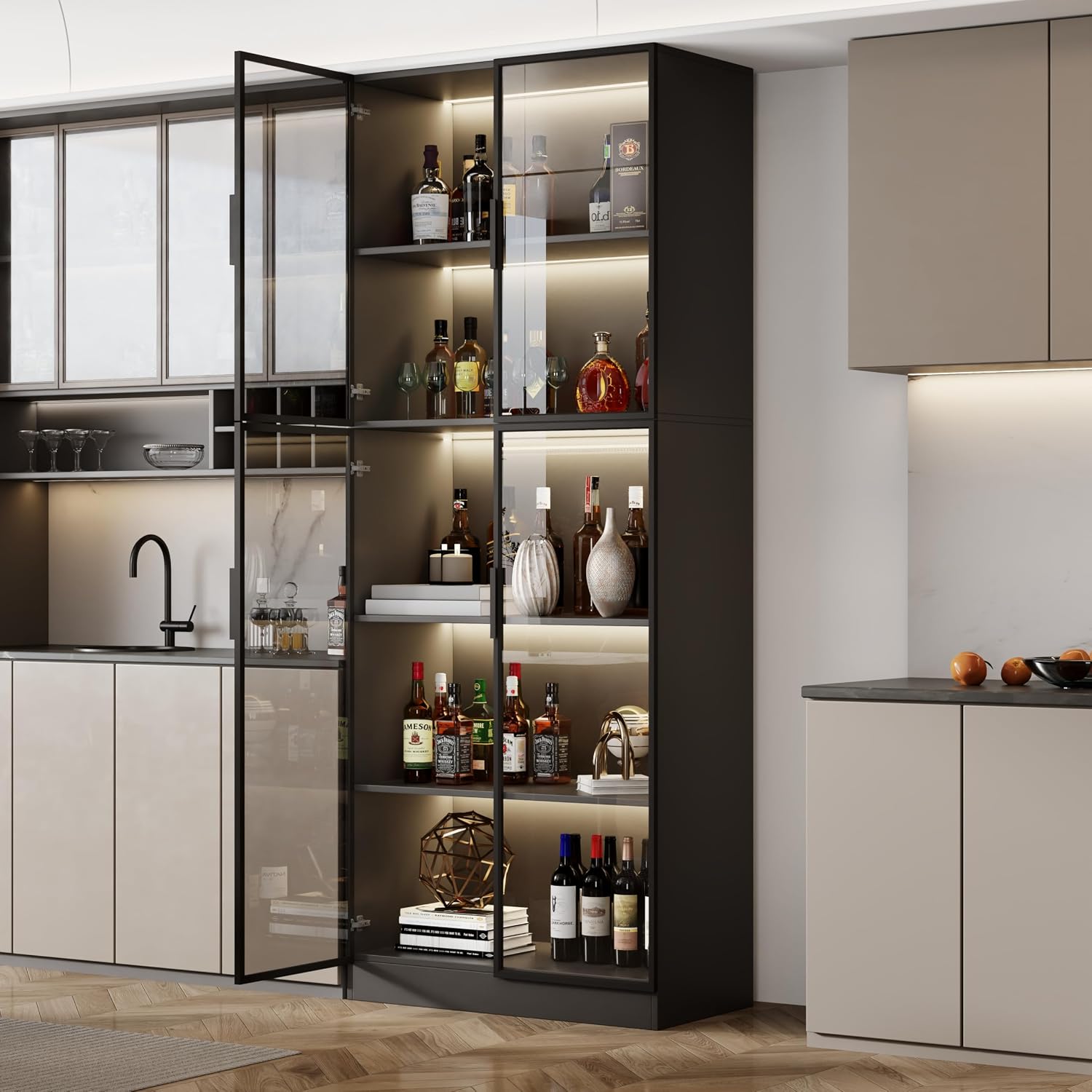 Mekminop Display Cabinet with Glass Doors and Storage Shelve, Modern Display Cabinet for Collectibles Trophy Case for Display - Black (31.5 ''W x 16.5 ''D x 78.7 ''H), HJ-FF10