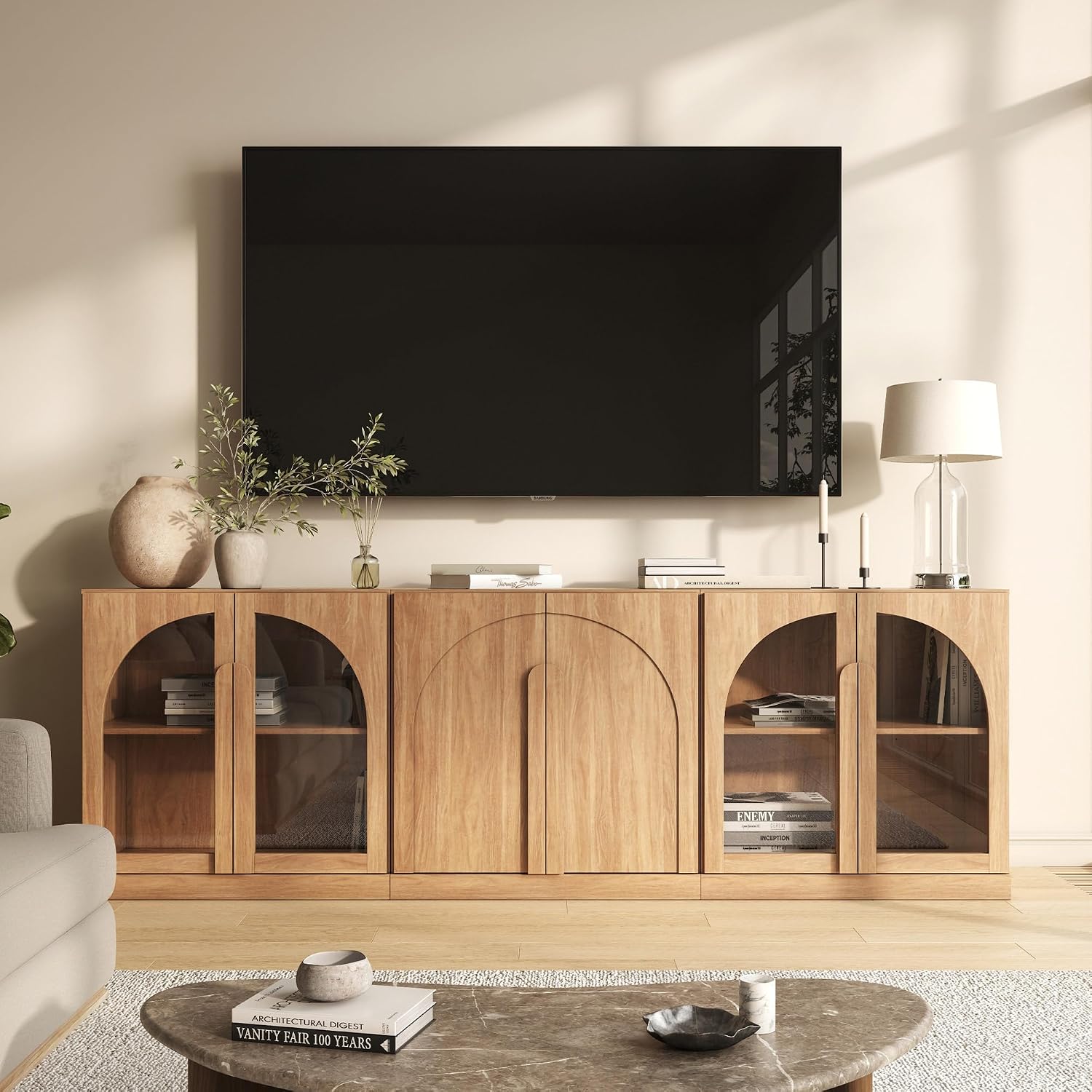 BELLEZE Modular Cabinet 3-Piece Set Sideboard, Modern Wood Buffet Arched Cabinet and 2 Display Glass Door Storage, Freely Configurable Credenza Console for Living Room Kitchen, Camel