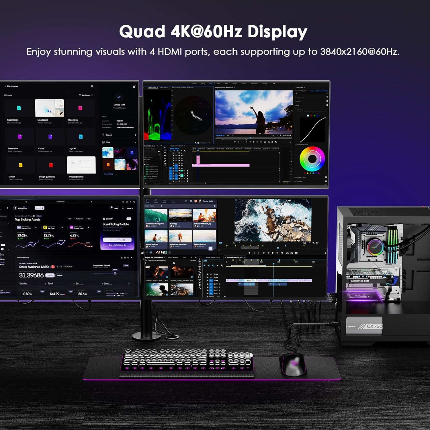 WAVLINK 4K PCIE 4 HDMI Monitors Card, PCIE to HDMI Adapter Supports Extend 4 Monitors Output for Windows 11/10 & Ubuntu with DisplayLink DL7400(Non-Gaming GPU)