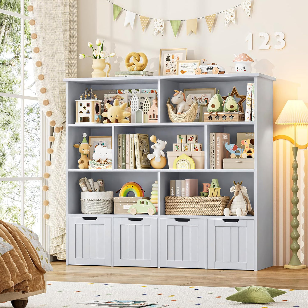 FINETONES Toy Storage Organizer, Kids Bookshelf with 4 Movable Chests and 7 Storage Cubes, Toy Chest Storage Shelf Organizer with Hidden Wheels, Toy Organizers and Toy Storage, Grey